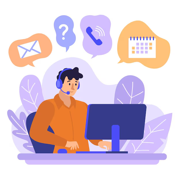 Illustration of a person at a desk with a computer, for contact section